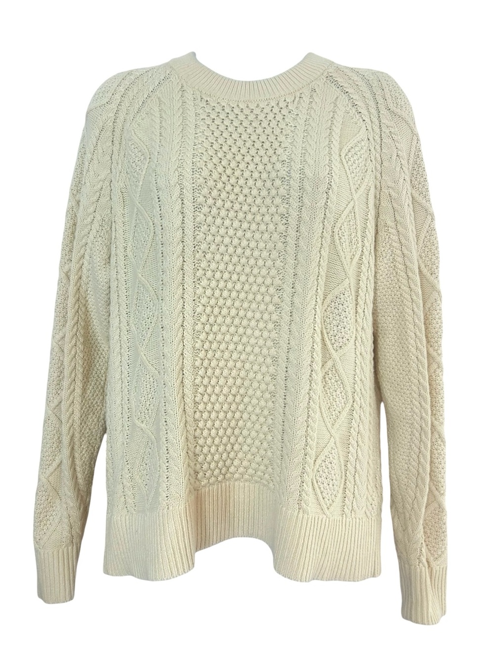 J. Crew Cream Cotton Cable-Knit Crewneck Sweater Size S Fisherman Classic